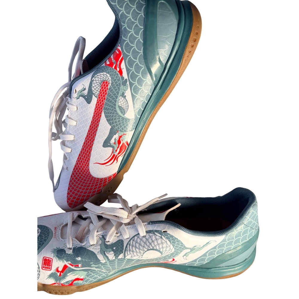 Puma evoSPEED Indoor Soccer Shoes White Teal Red Dragon Graphic Mens Gum 9.5